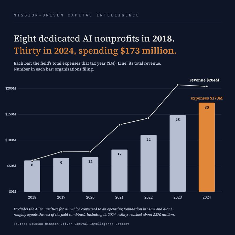 Eight dedicated AI nonprofits in 2018, thirty in 2024, spending $173 million.