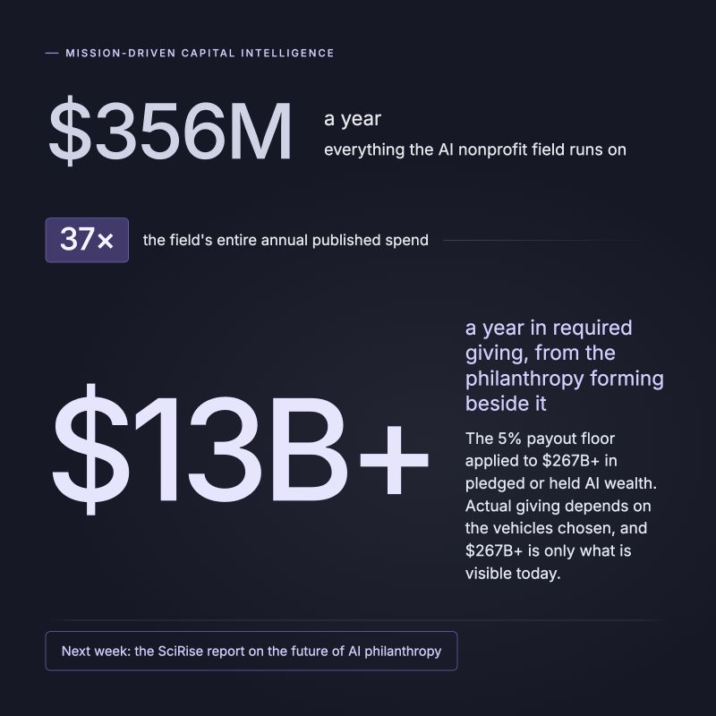 The AI nonprofit field runs on $356 million a year, against $13 billion a year in required giving from the AI wealth forming beside it.