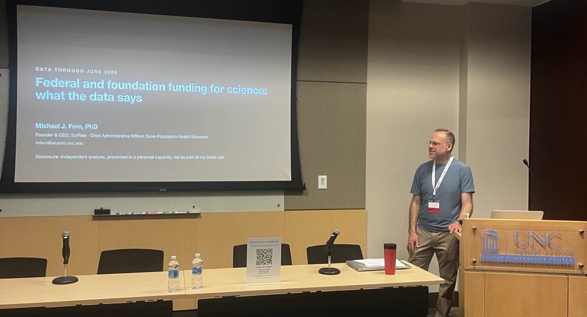 Michael Fern presenting federal and foundation funding data at the NCRAA conference at UNC's Friday Conference Center
